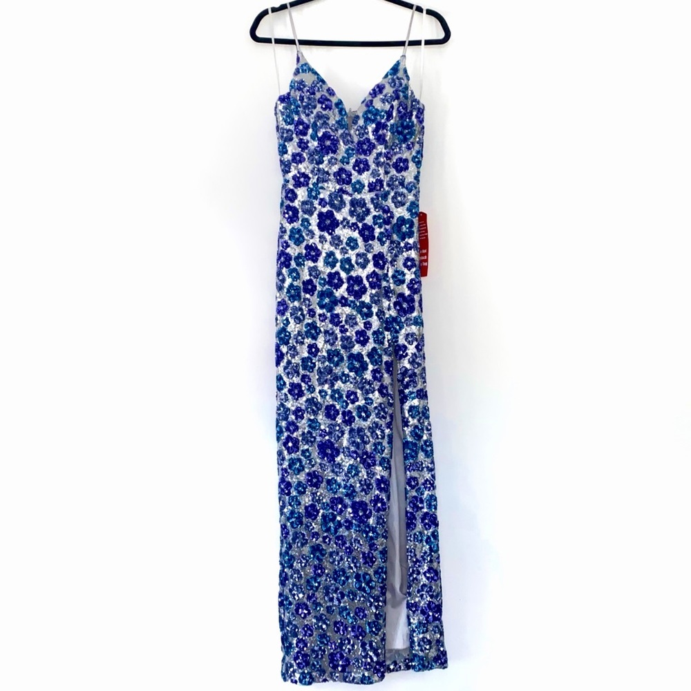 Silver Sequin Blue Floral Side Slit Formal Evening Dress size 7/8 - Picture 2 of 6